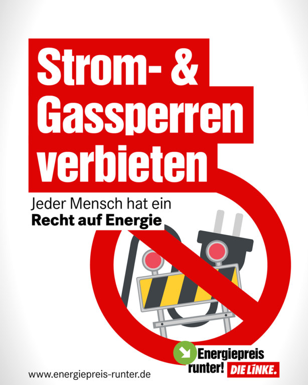 Groß: Strom- und Gassperren verbieten! Jeder Mensch hat ein Recht auf Energie www.energiepreis-runter.de, Claim: Energiepreis runter! Logo DIE LINKE